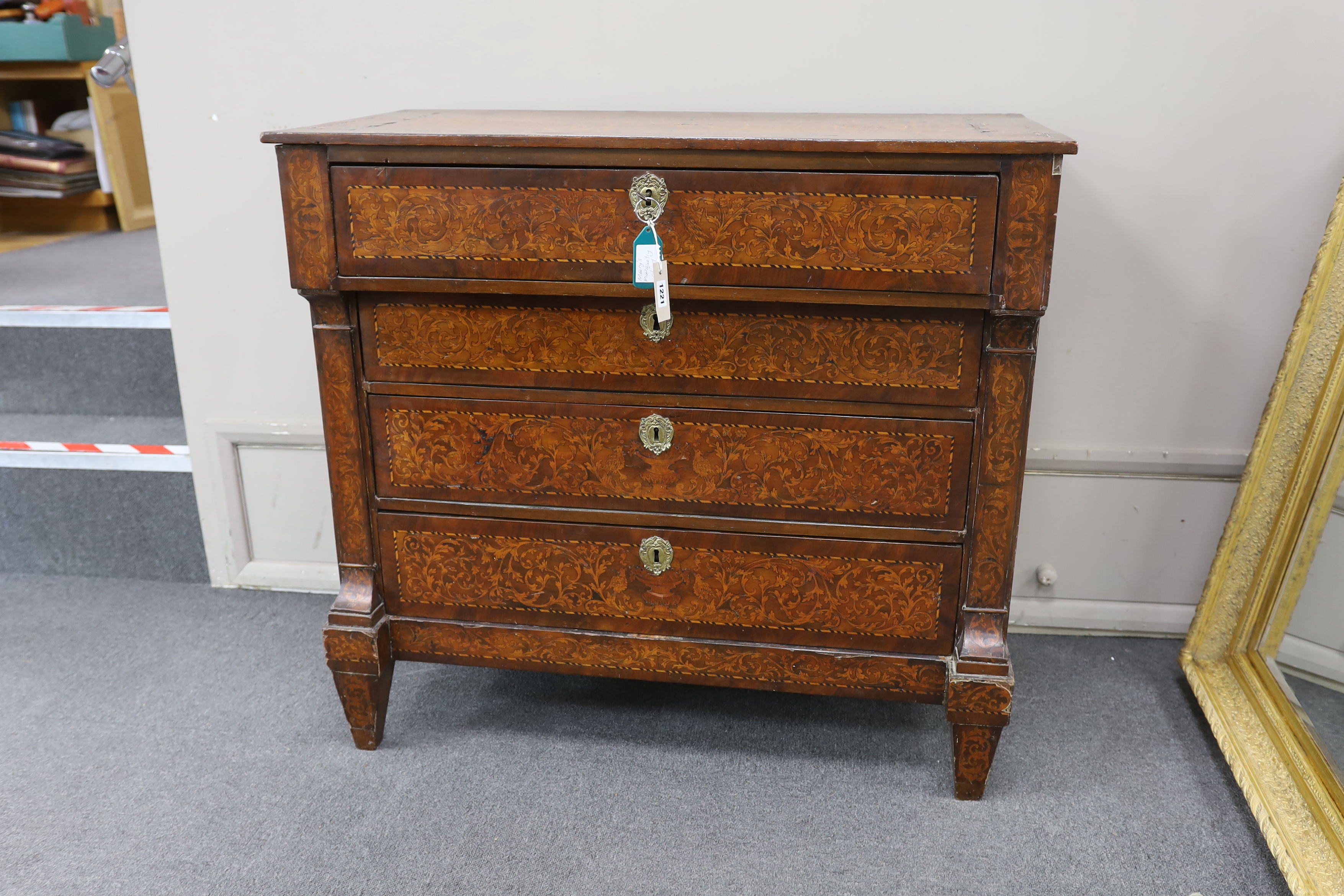 An early 19th century Dutch floral marquetry walnut commode, width 98cm, depth 49cm, height 90cm